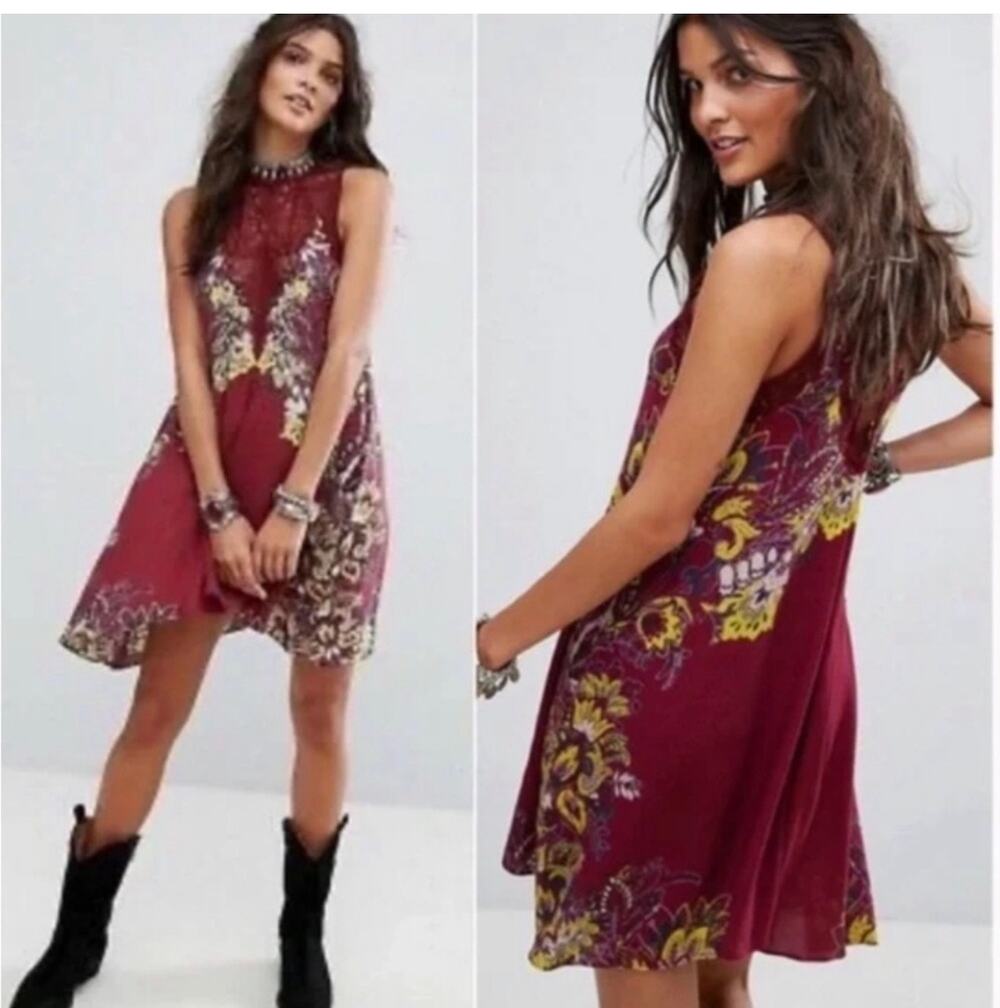 Free People Intimately Dress SZ Medium Marsha Lace Slip NWT Wine Floral Boho